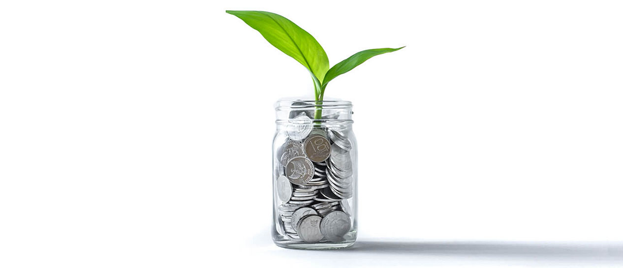 A plant growing out of a bottle of coins.