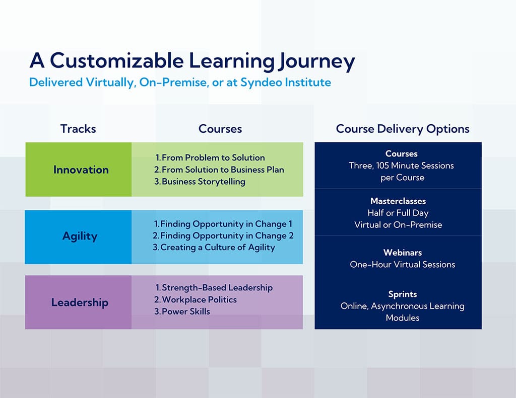 A Customizable Learning Journey delivered virtually, on premises, or at Syndeo Institute. Tracks, Courses and Course Delivery Options.